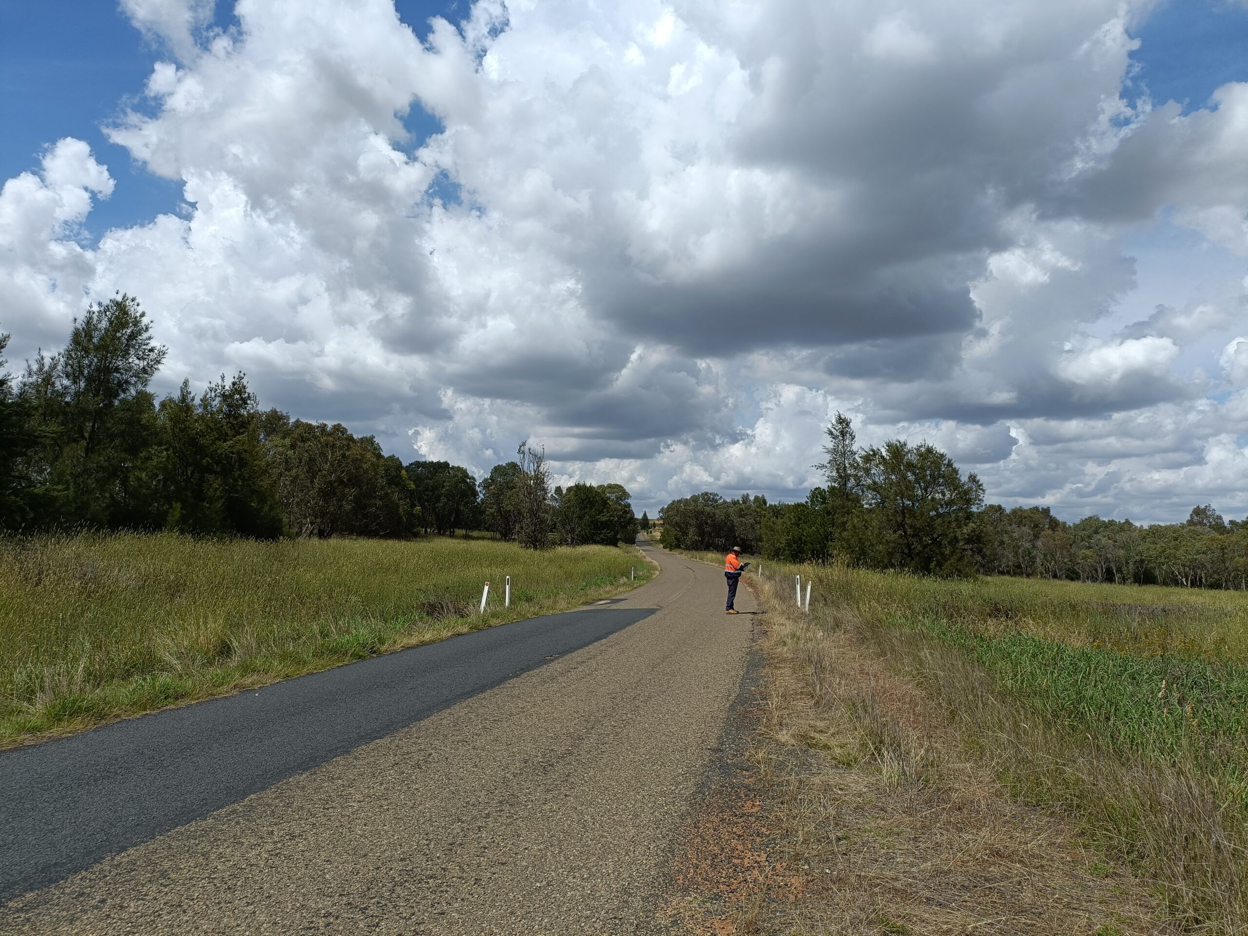Roadway in Greenthorpe a man stands inspecting a creek